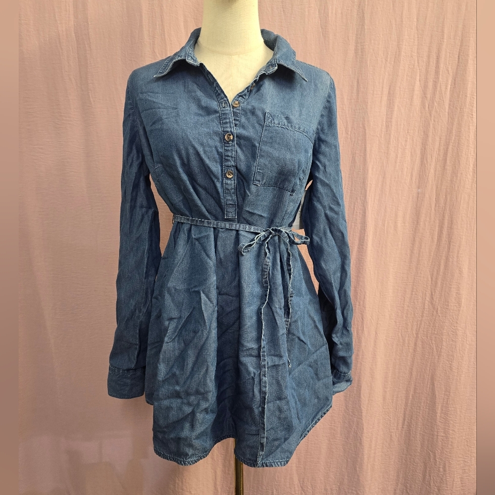 Maternity Chambray Long Sleeve Tunic Shirt Dress with Tie Waist, Small NW/DEFECT